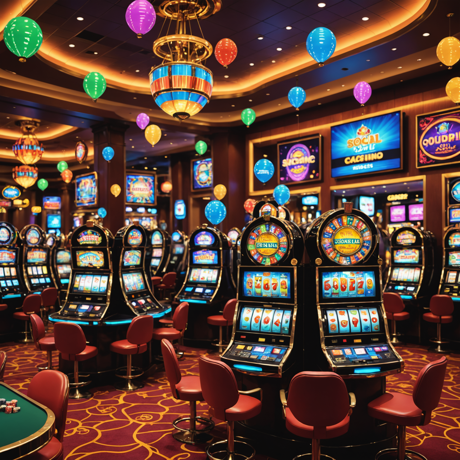 A vibrant illustration of a virtual social casino interface with colorful slot machines, poker tables, and chat bubbles representing social interaction