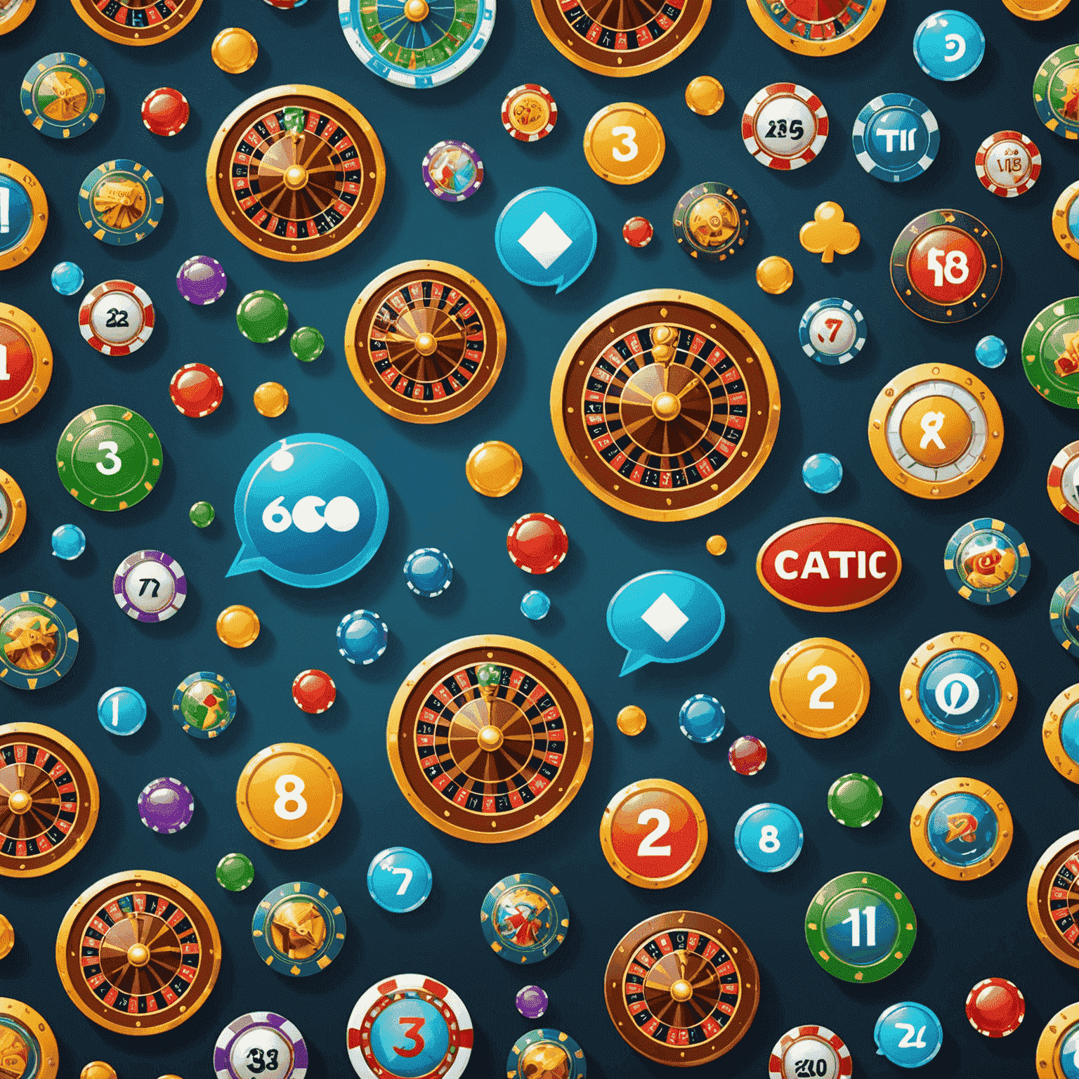 A vibrant illustration of a virtual social casino interface with game icons, chat bubbles, and avatars representing players from around the world