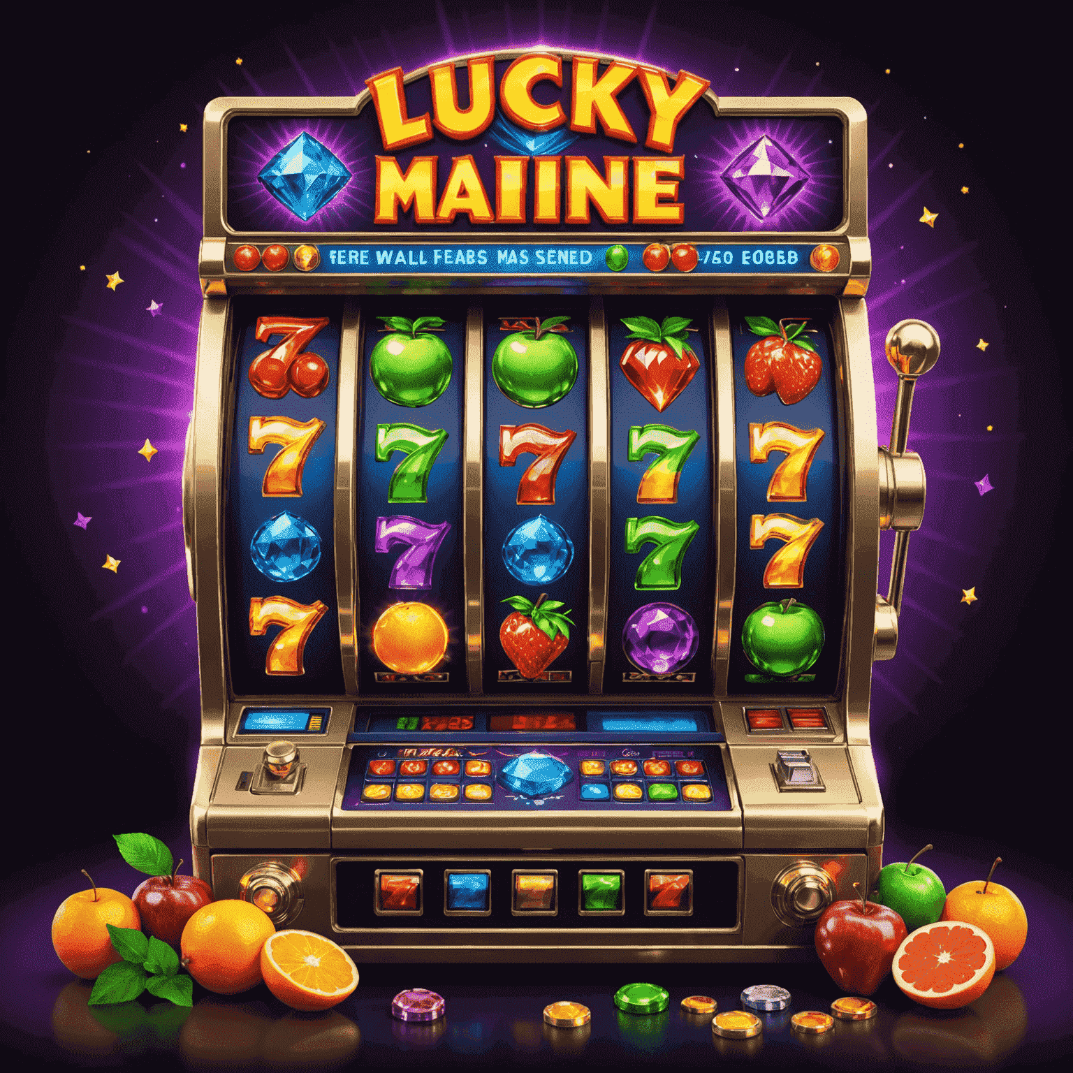 A vibrant slot machine with colorful symbols including lucky 7s, diamonds, and fruit. The machine has a large, glowing spin button and multiple paylines lit up.