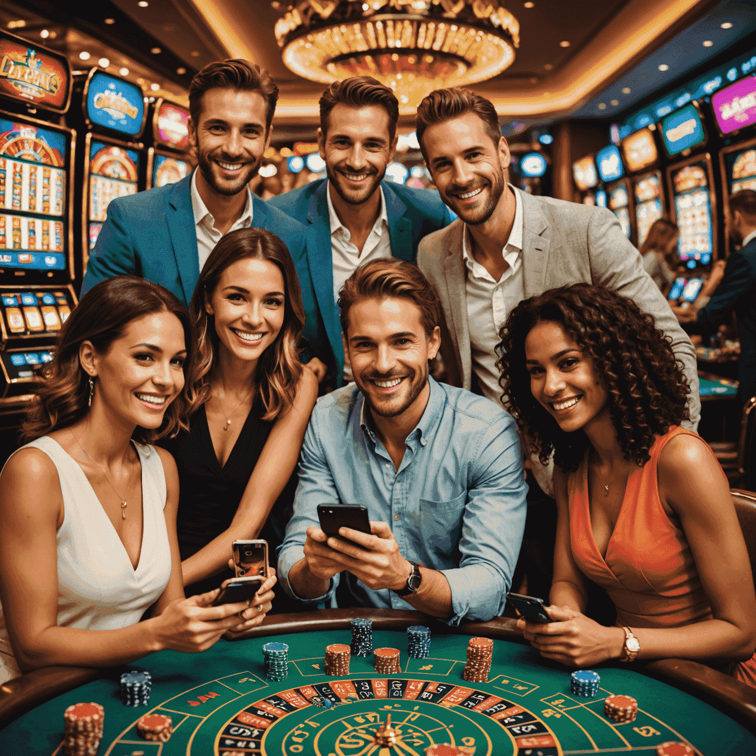 A diverse group of people interacting with smartphones and tablets, smiling and engaging in virtual social casino games. The image showcases a vibrant, colorful interface of Luckenzo's platform on their devices.