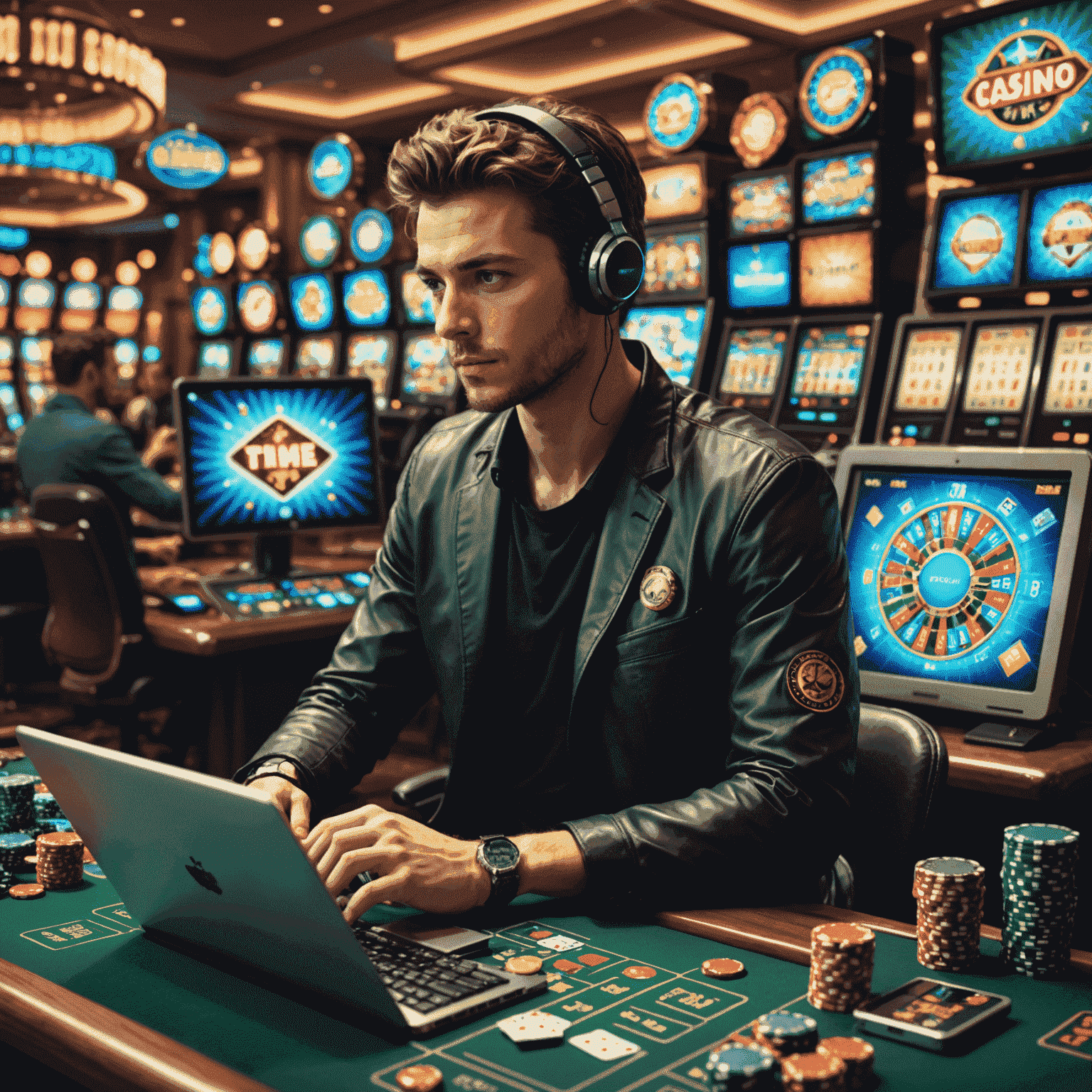 A digital illustration showing a person sitting at a computer, surrounded by casino game icons and responsible gaming symbols like time limits and self-exclusion buttons