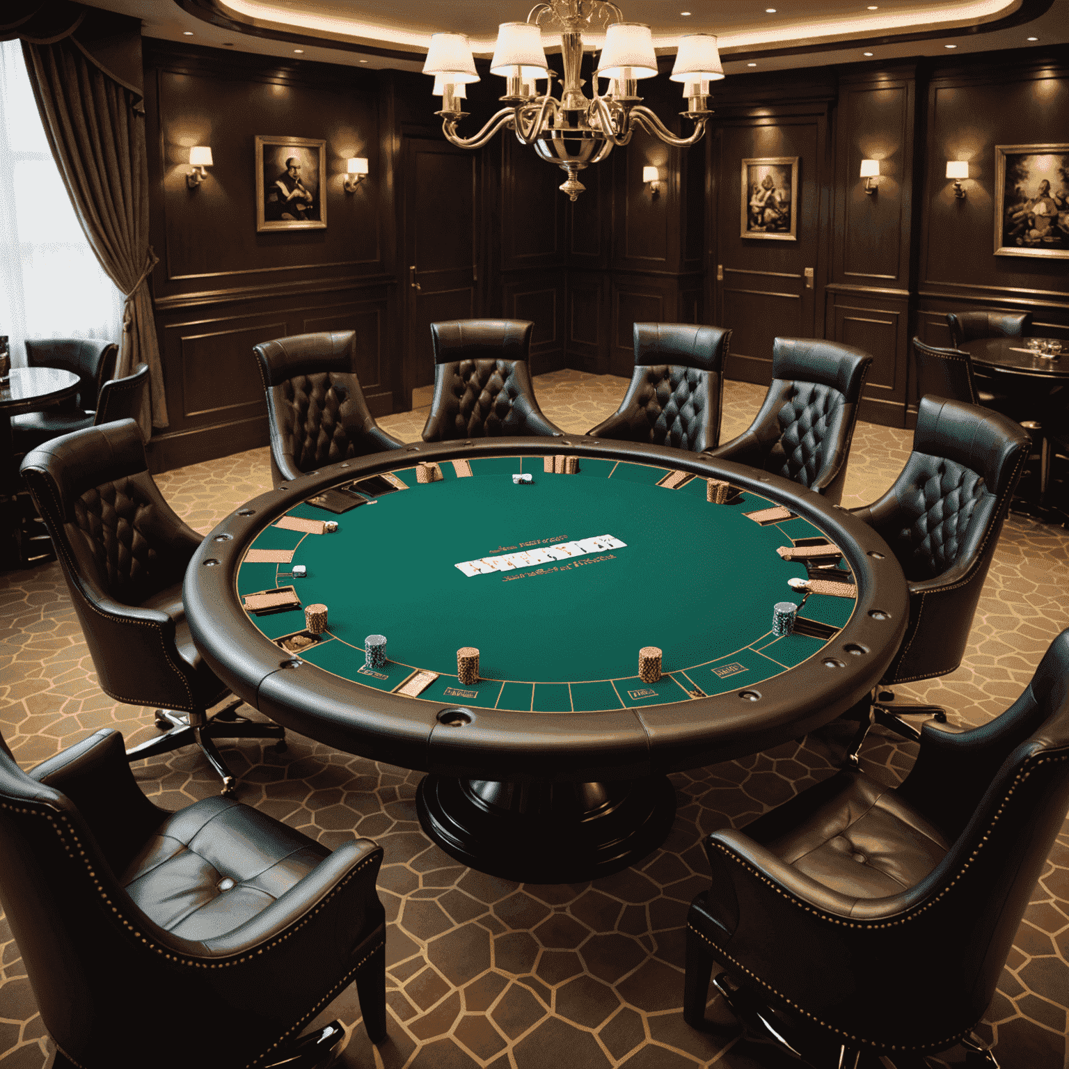 A sleek, modern poker table with a royal flush hand displayed prominently. The table is surrounded by virtual chips and has a luxurious, casino-like atmosphere.