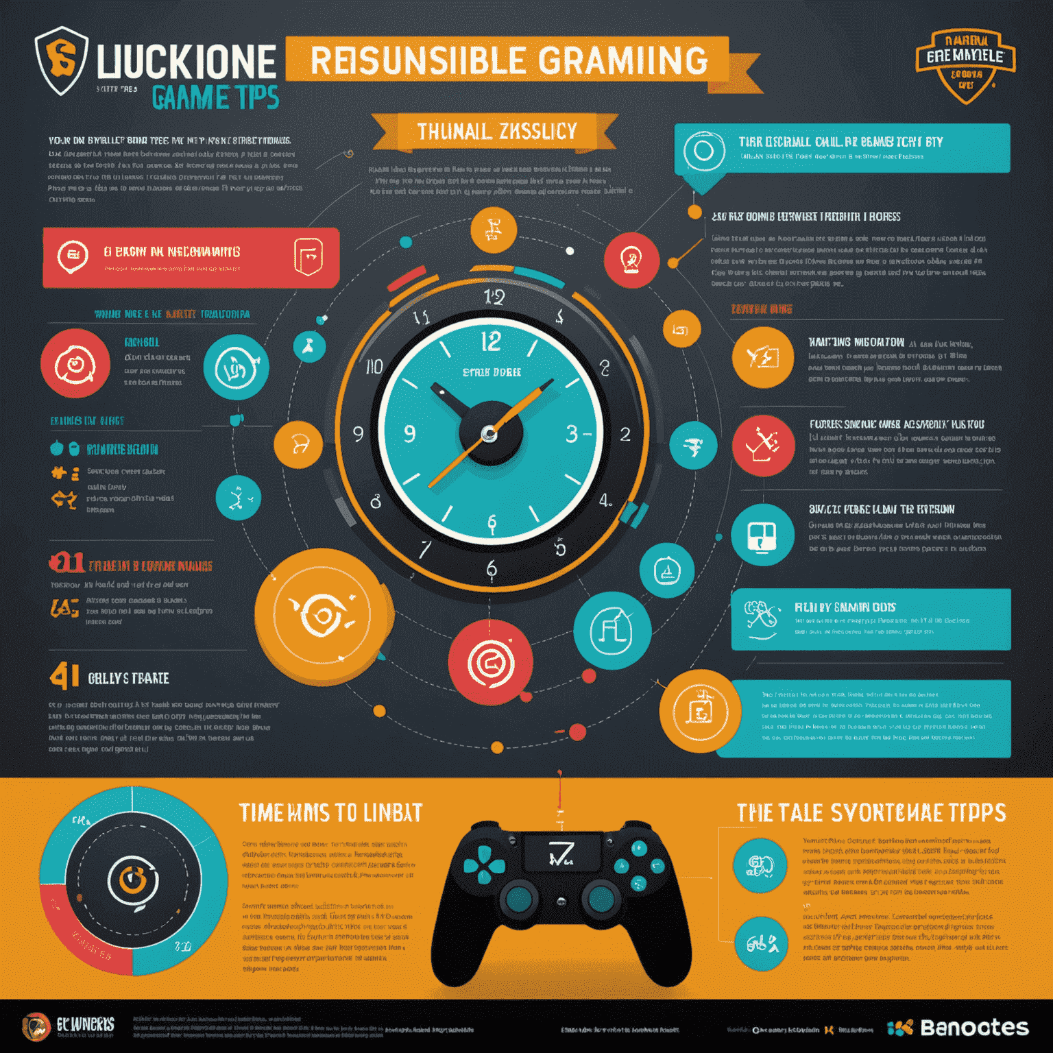 A colorful infographic showing responsible gaming tips and Luckenzo's safety features, including time limits, self-exclusion options, and educational resources