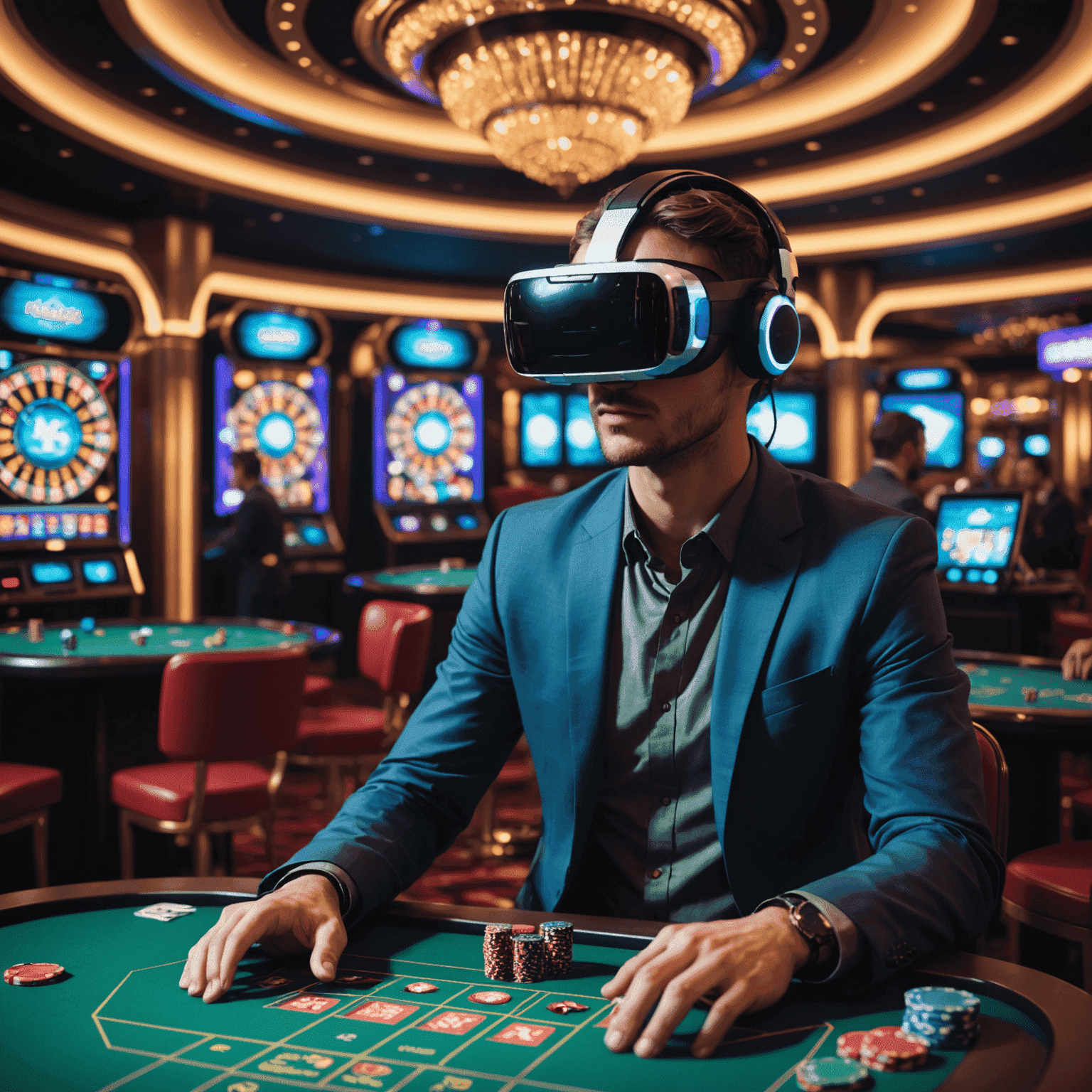 A futuristic render of a person wearing a VR headset, interacting with a virtual casino environment with holographic game tables and avatars