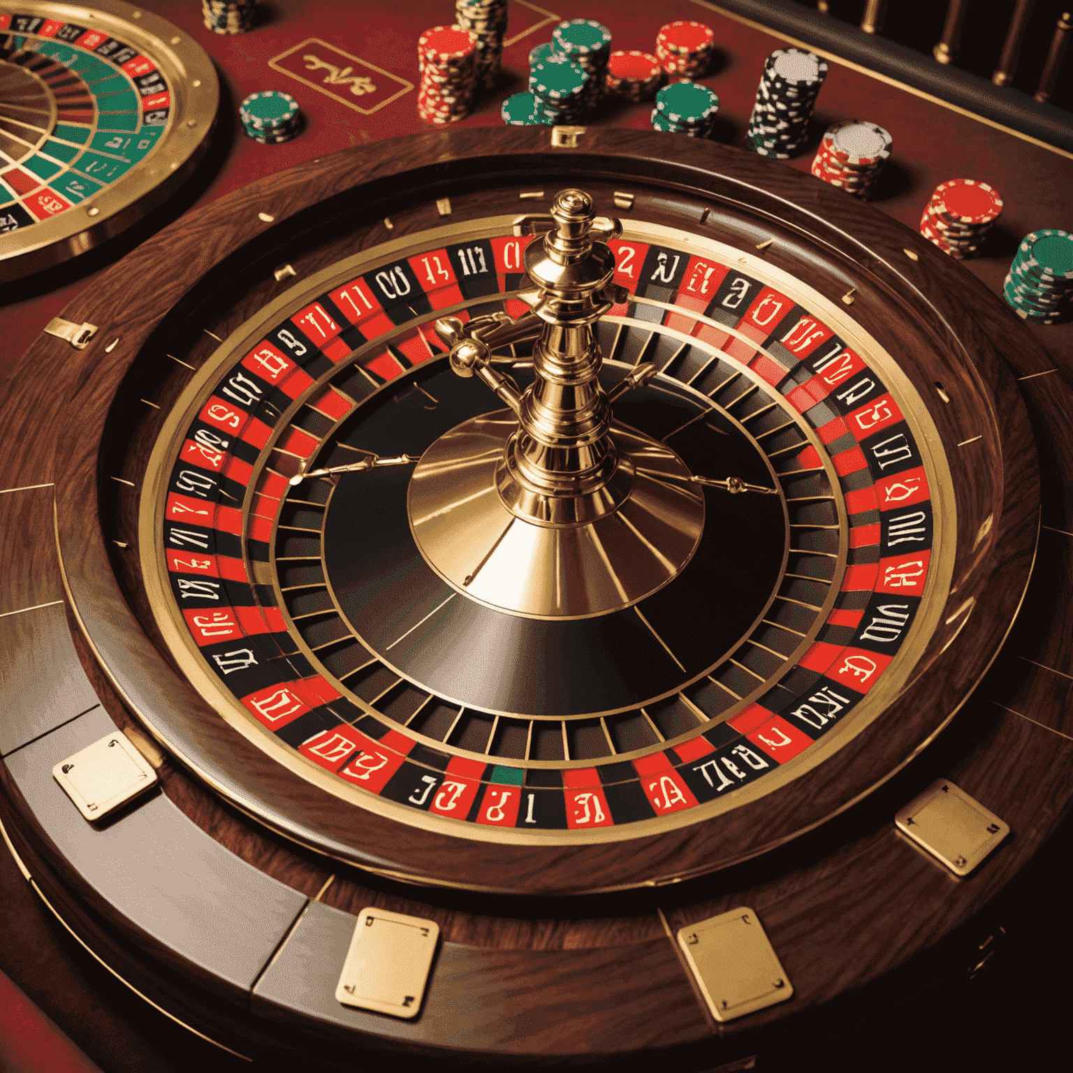 An elegant roulette wheel with gold accents, surrounded by a betting table with various chip denominations. The wheel is in motion, creating a blur of red and black.