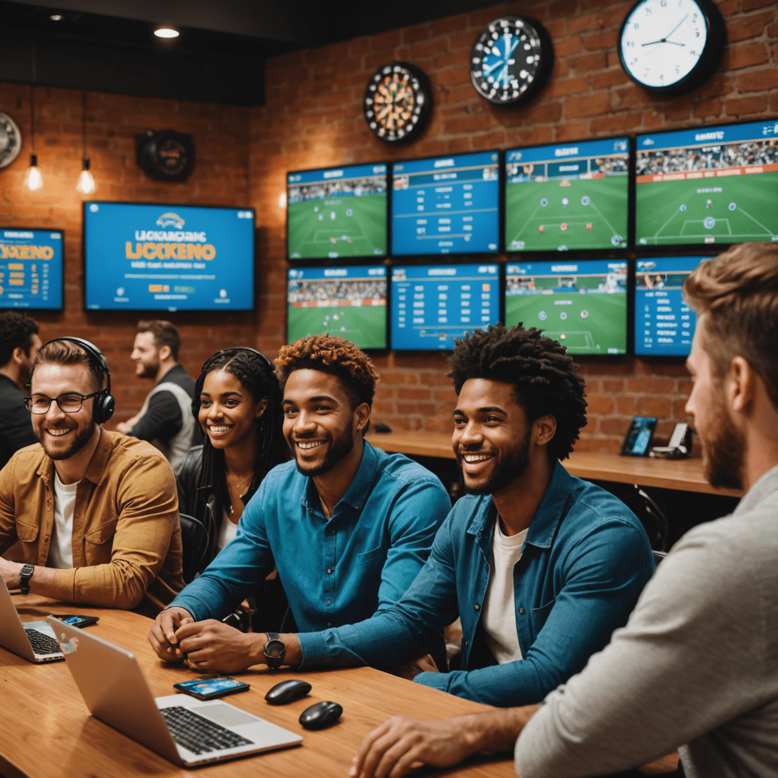 A group of diverse individuals participating in a virtual Luckenzo tournament, with screens showing leaderboards and player statistics. The image conveys excitement and friendly competition.