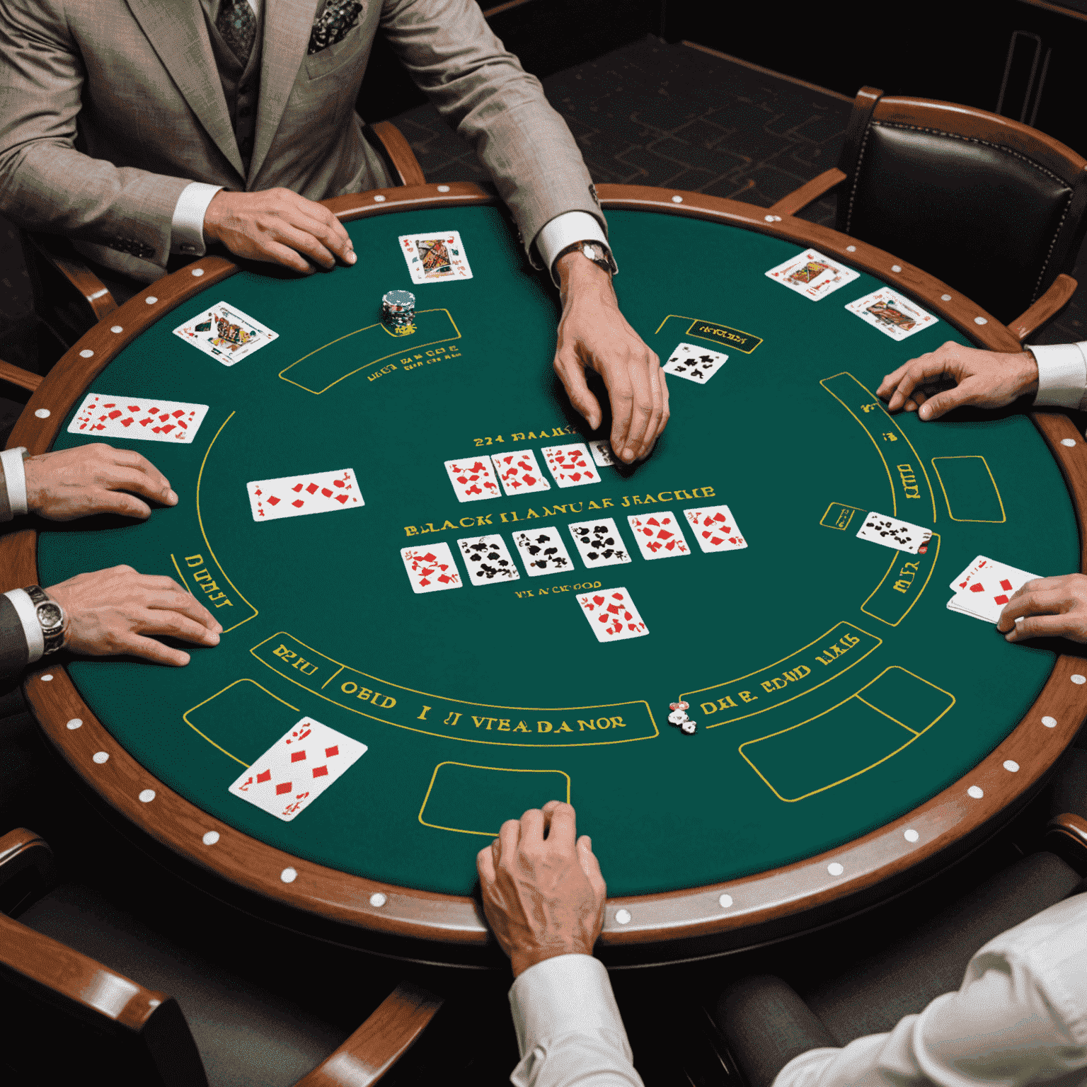 A virtual blackjack table with cards spread out, showing a player's hand of 21. The dealer's hand is partially visible, and chip stacks are neatly arranged on the felt.