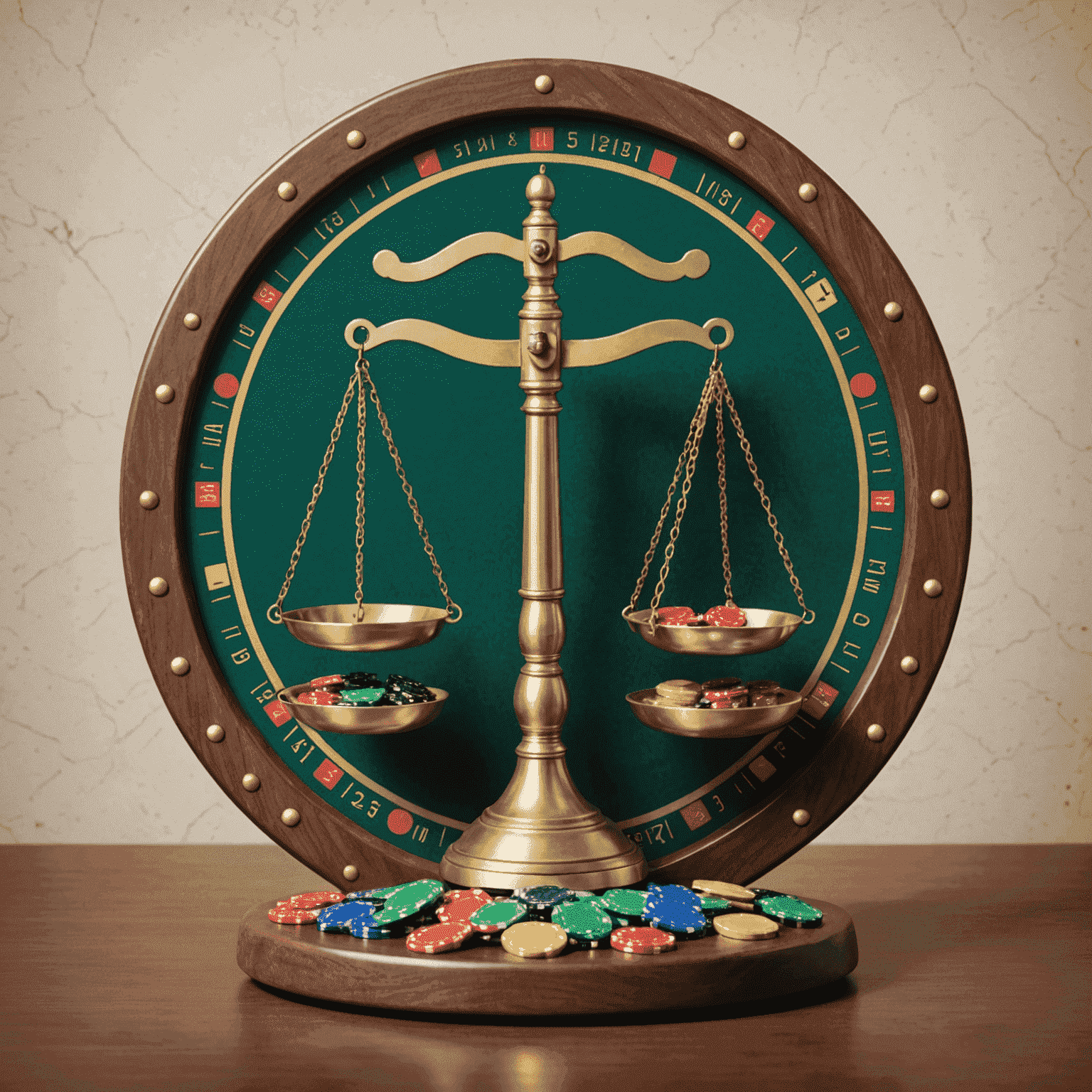 A set of balanced scales with casino chips on one side and a shield representing safety on the other, symbolizing responsible gaming practices