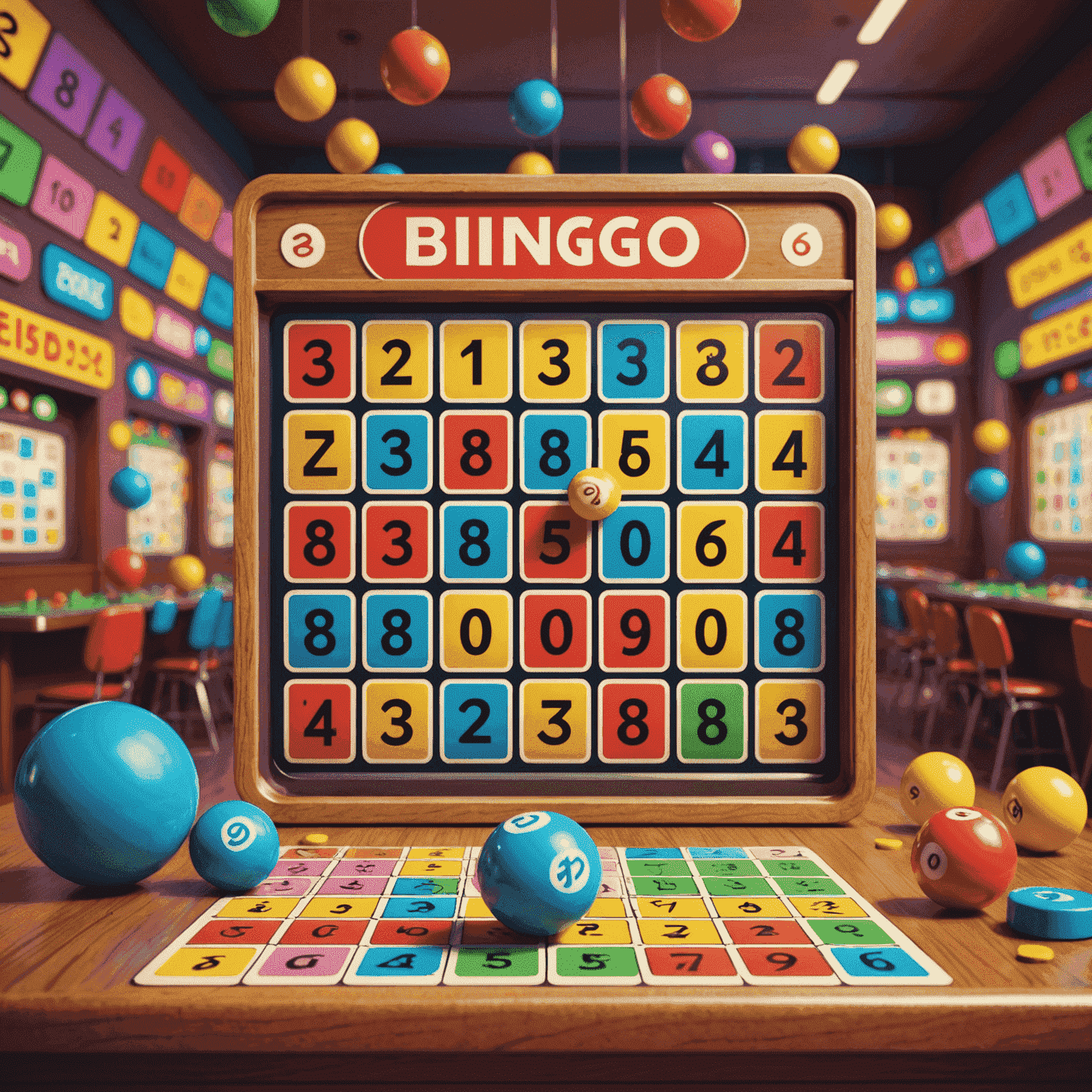 A colorful bingo hall with multiple cards displayed on screen. Numbers are being called out, and daubers are marking off squares. A 'BINGO' celebration animation is visible in the background.